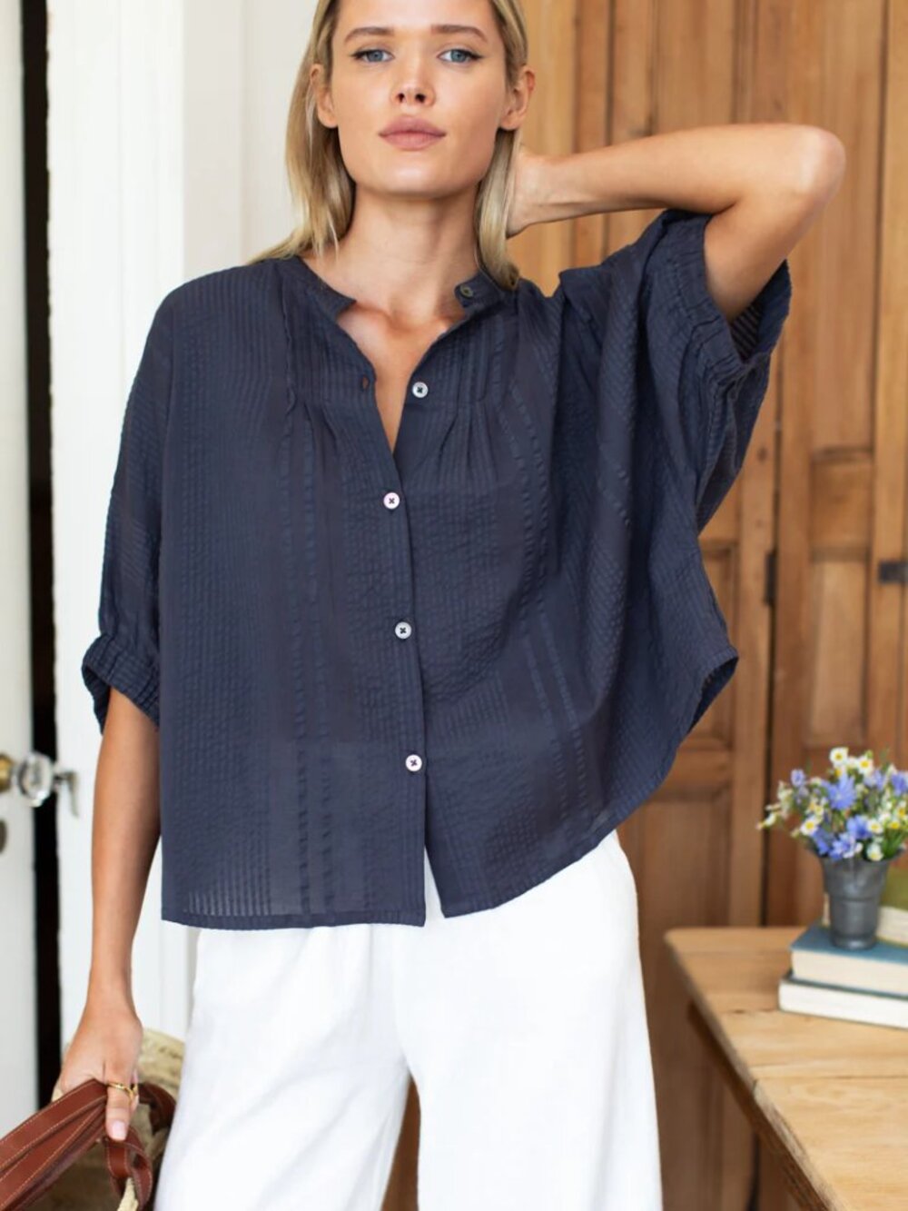 NWT Emerson Fry Mandarin Collar Top - Midnight Seersucker Organic